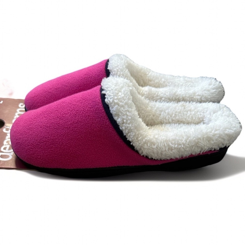 New VTG Dearfoams Cozy Clog Slippers Hot Pink White Black Women's Size Large